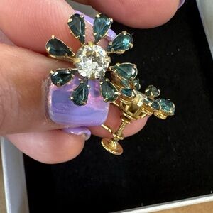 Gold-Tone Floral Clip-On Earrings with Teal and Clear Stones